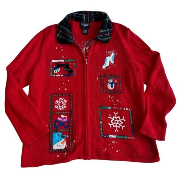 Vtg Designers Originals Christmas Sweater Womens Red Full Zip Cardigan Size XL - Picture 8 of 10